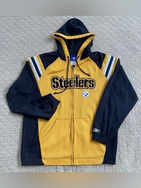 VTG Reebok NFL Hoodie Adult Medium Black Gold STEELERS Colorblock Unisex Jacket